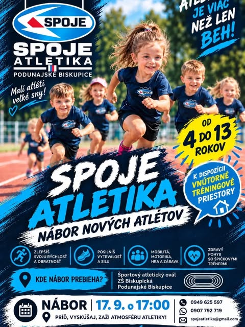 Archívny náborový plagát klubu SPOJE ATLETIKA zo septembra 2026.